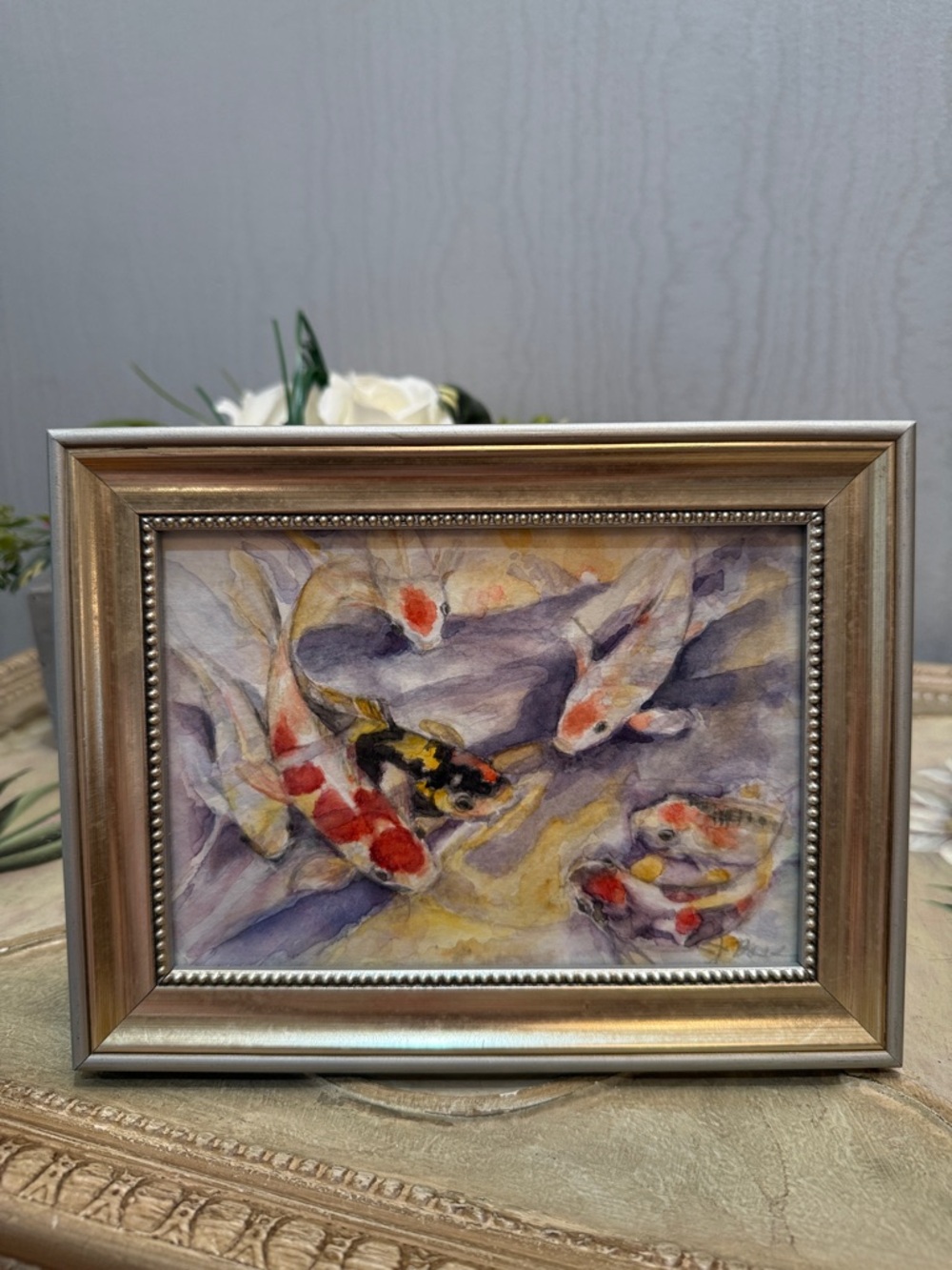 Original Koi Fish Watercolor Painting In Frame Feng Shui Zen Peaceful Calming